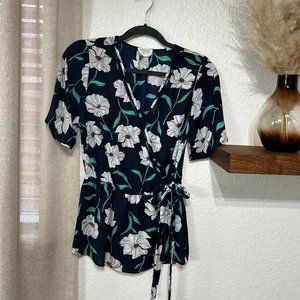 Sienna Sky - Women's Floral Top in Navy Blue, White & Green - Size M